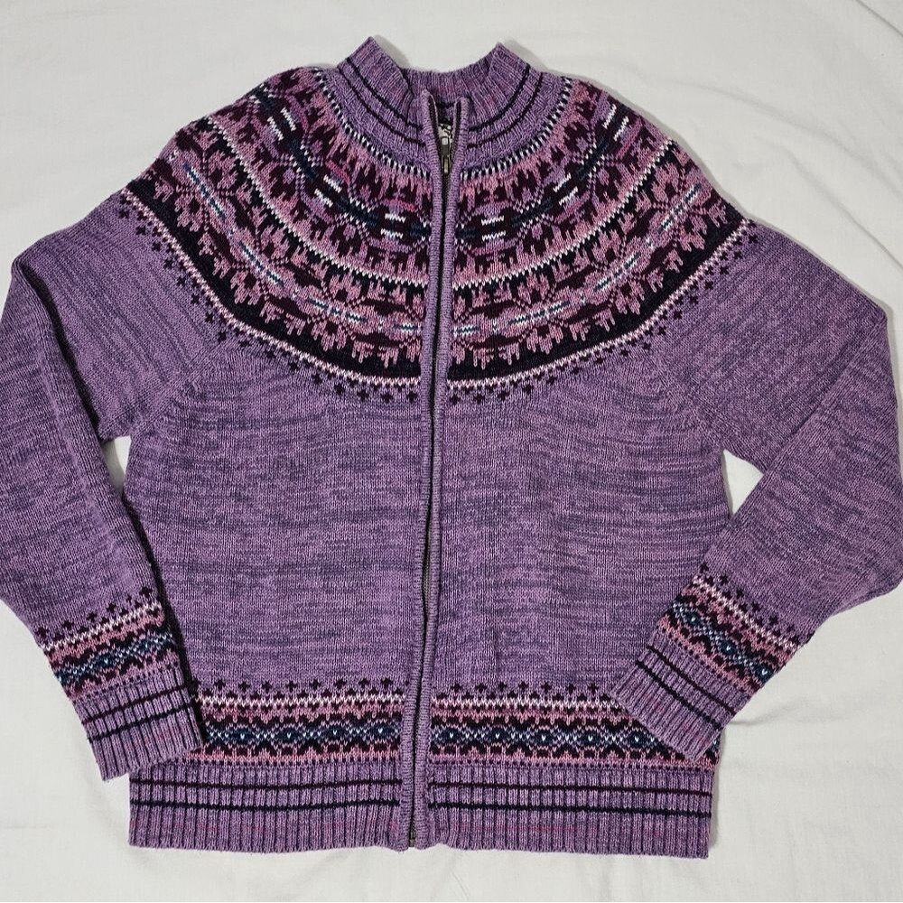 Tiara International Fair Isle Zip Cardigan Sweater Purple Boho Nordic Medium - Picture 3 of 7